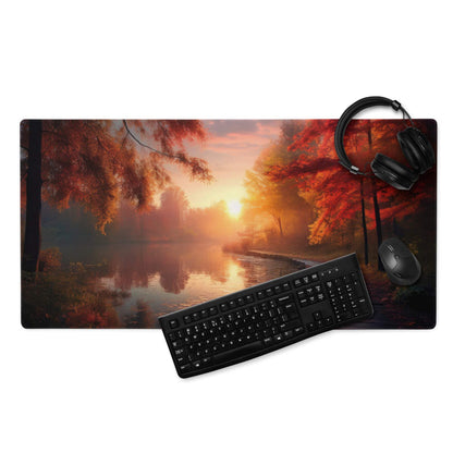 Autumn Sunset large gaming mousepad with headphones, keyboard, non-slip base