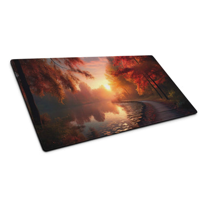 Autumn sunset scenic gaming mouse pad with red trees reflecting in water