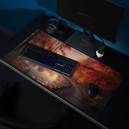 Large Autumn Sunset forest gaming mouse pad with non-slip base and stitching