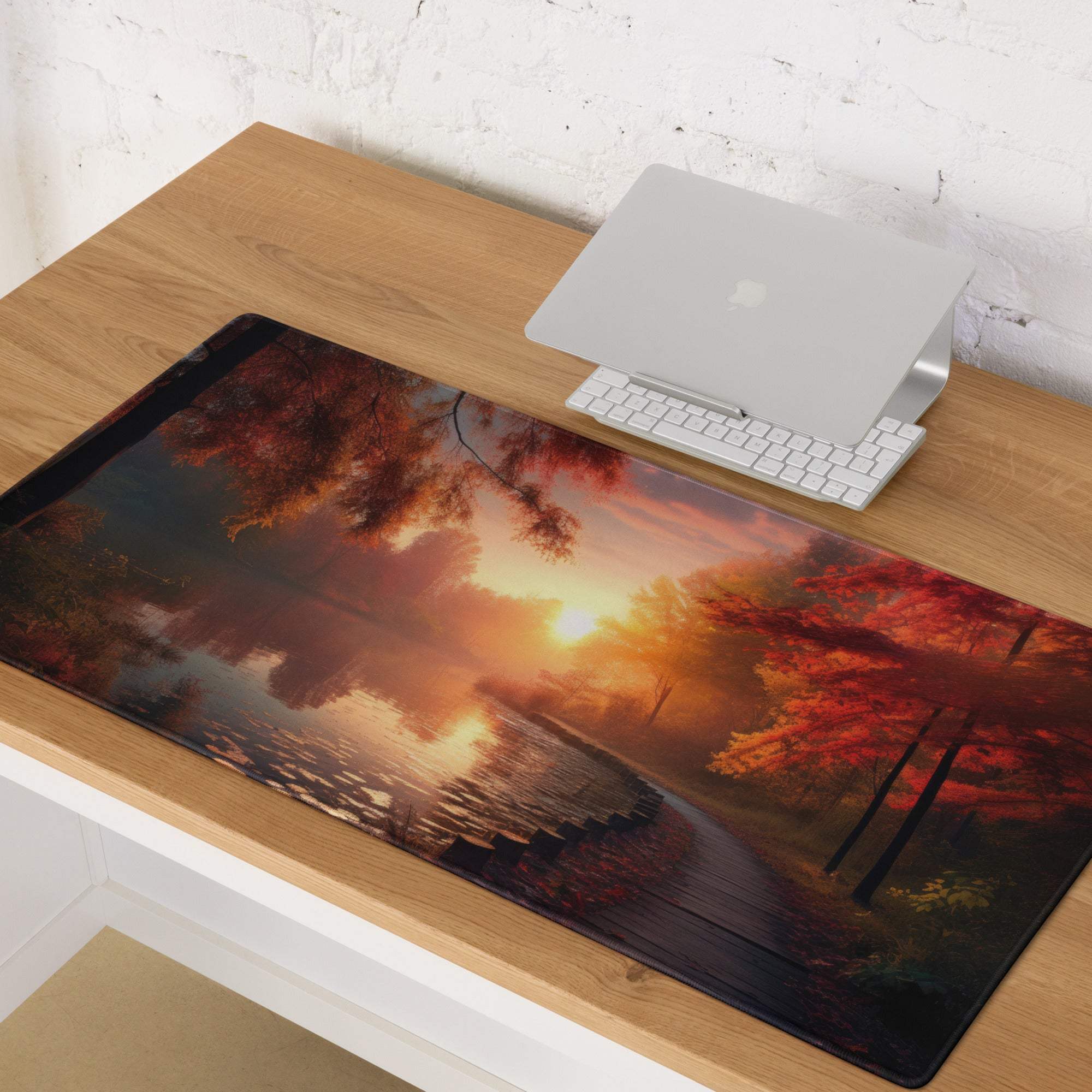 Autumn sunset gaming mouse pad with red trees reflection, non-slip base