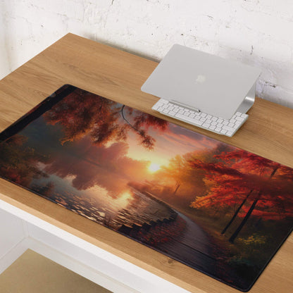 Autumn sunset gaming mouse pad with red trees reflection, non-slip base