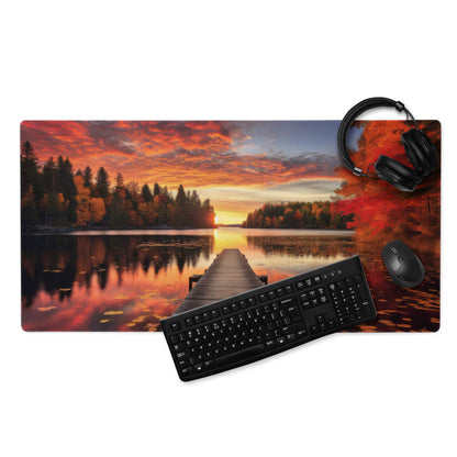 Large gaming mouse pad with autumn sunset lake dock scene and non-slip base