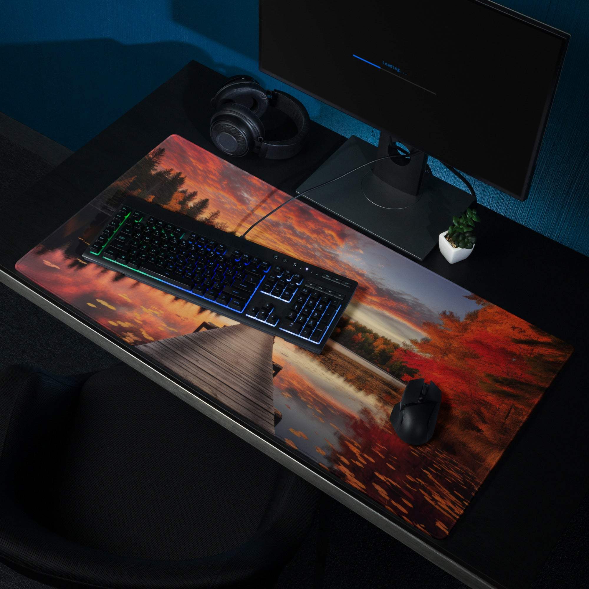 Large Autumn Sunset Lake Dock gaming mouse pad with non-slip base