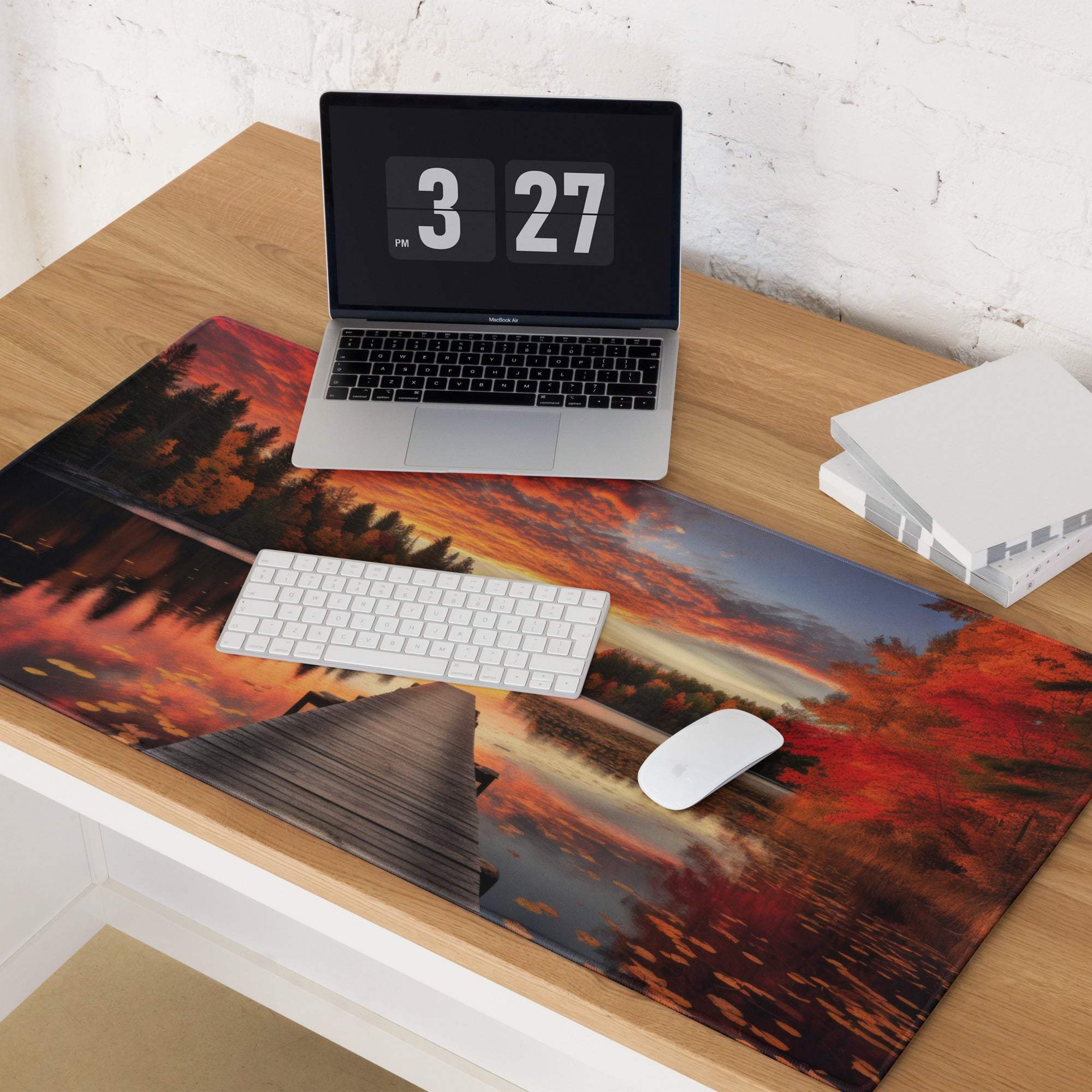 Autumn Sunset Lake Dock gaming mouse pad with fiery red trees and water reflection