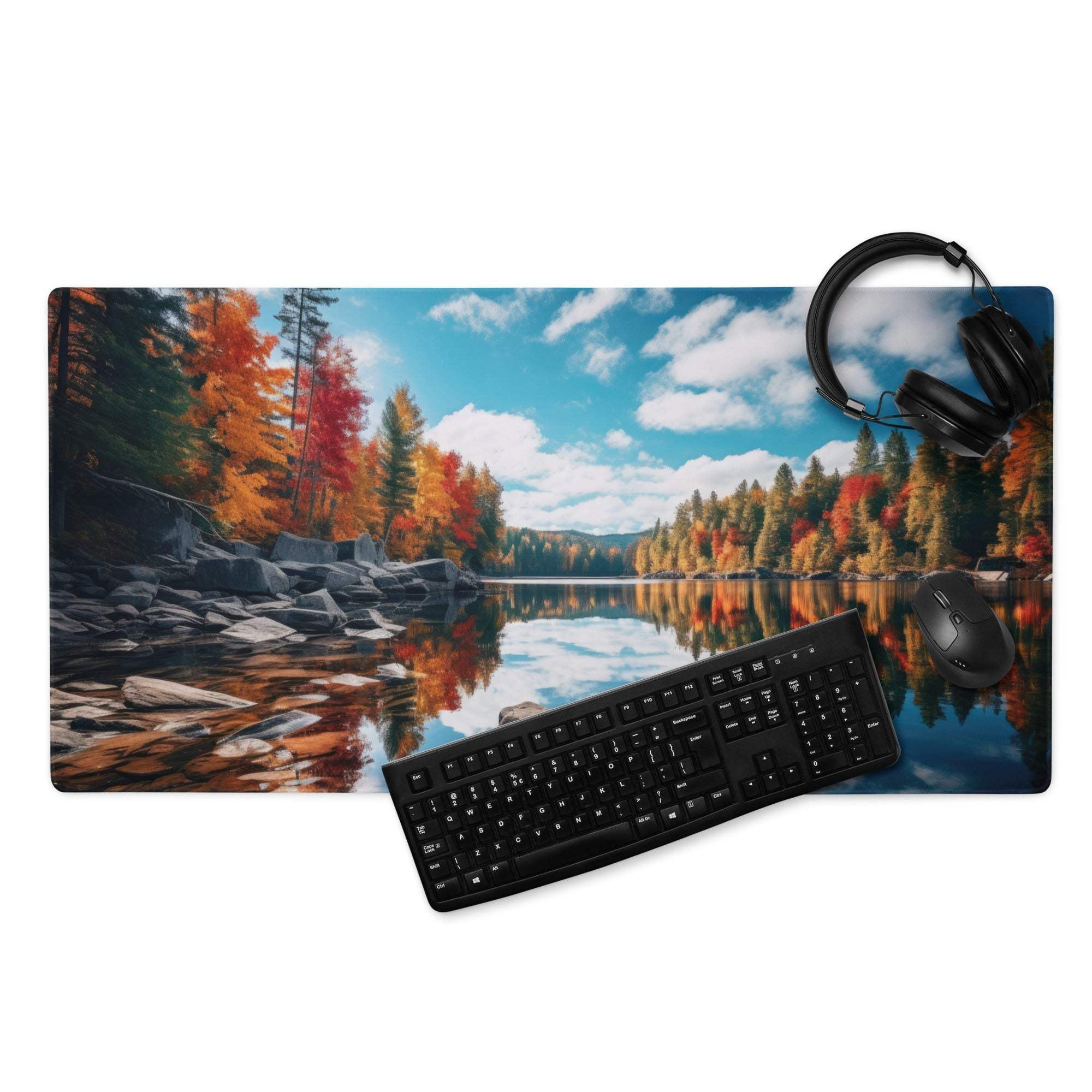 Large Autumn Forest Lake gaming mouse pad with vibrant orange trees reflecting in calm water