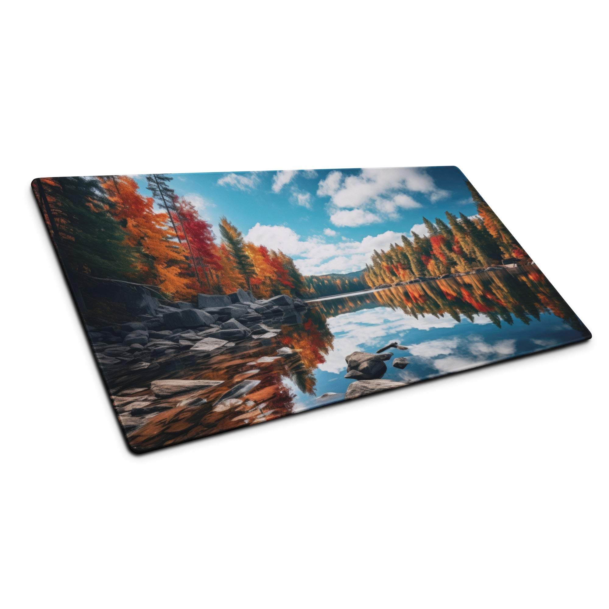 Autumn forest lake gaming mouse pad with vivid orange trees reflection