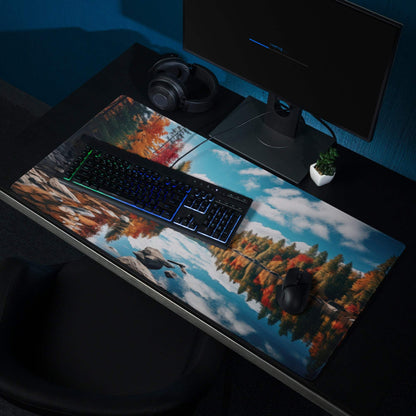 Autumn Forest Lake gaming mouse pad with vibrant trees, lake, non-slip base