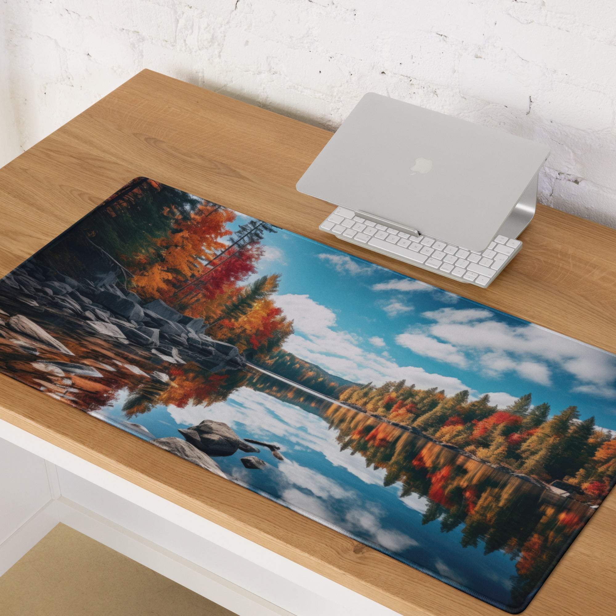 Autumn Forest Lake gaming mouse pad with non-slip base and stitching