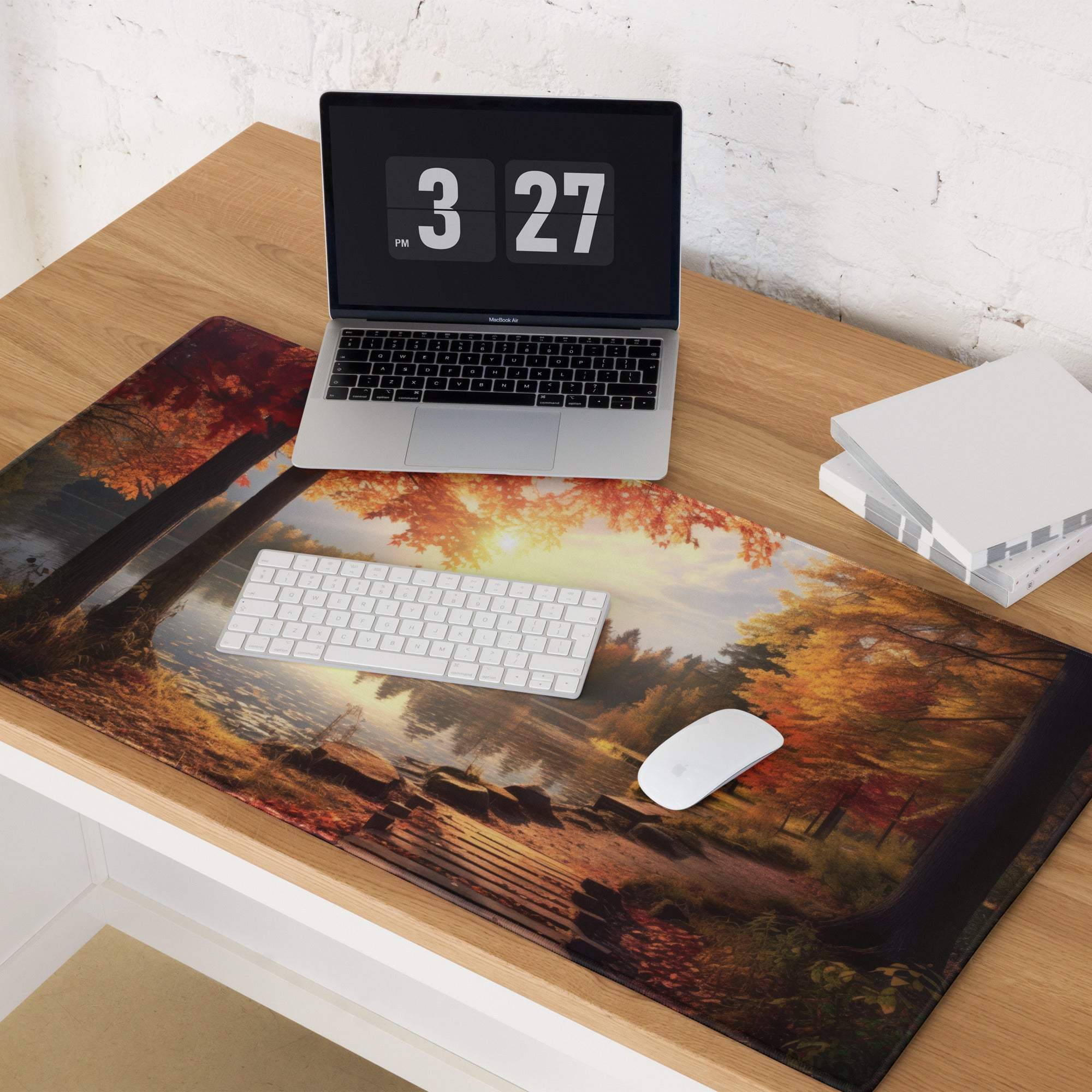 Autumn Forest Lake Scene gaming mouse pad with trees, water, sunlight
