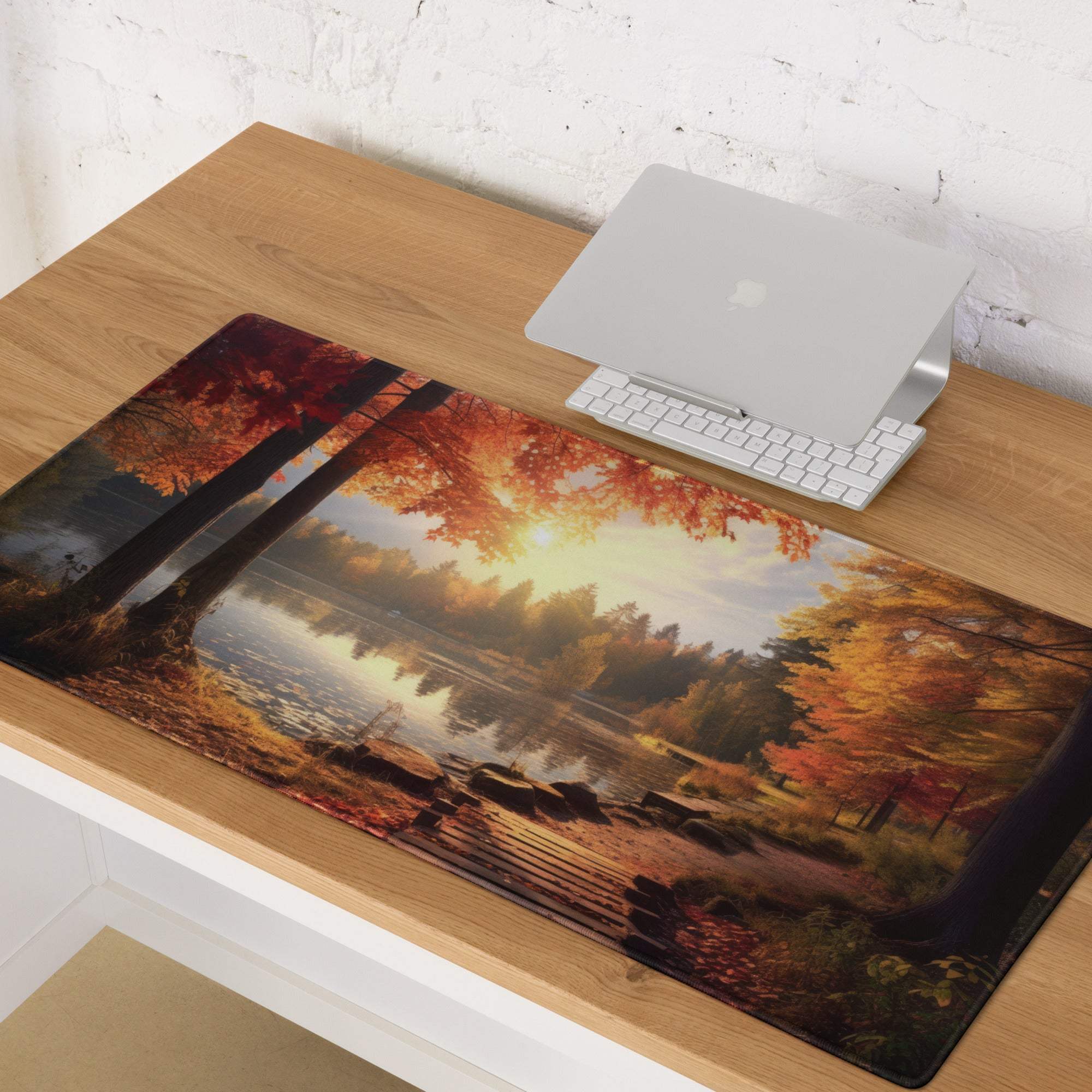Large Autumn Forest Lake gaming mouse pad with vivid fiery trees reflection