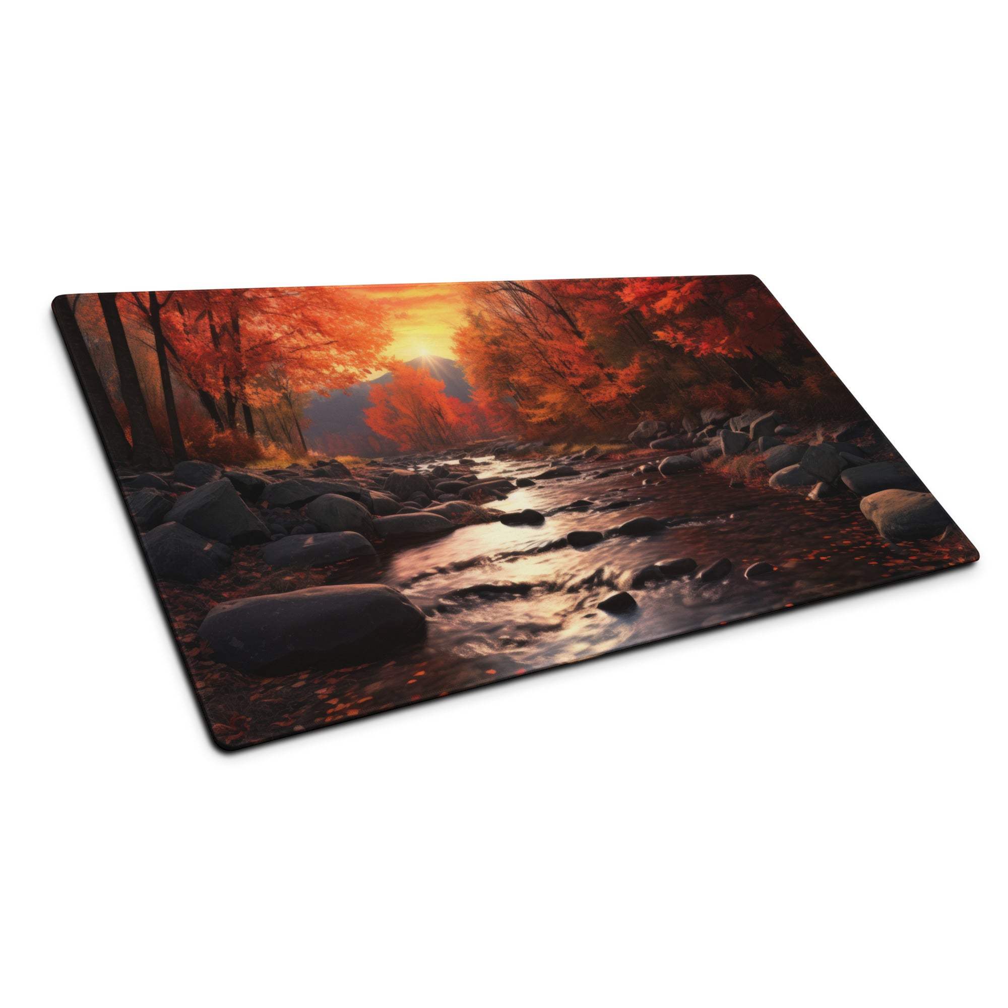 Autumn forest river gaming mouse pad with orange foliage and stream