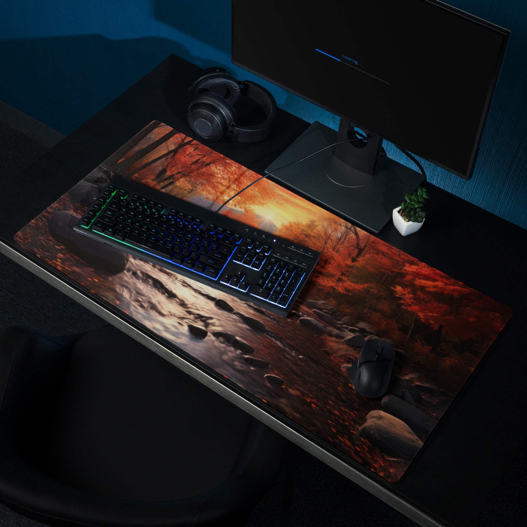 Large Autumn Forest River gaming mouse pad with non-slip base