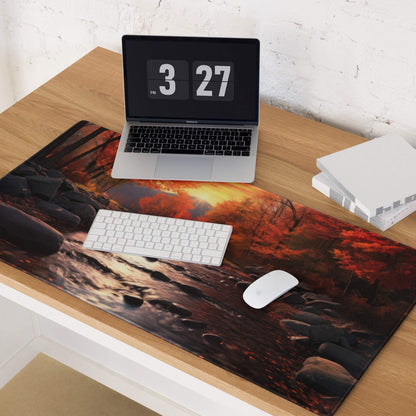 Autumn forest river gaming mouse pad with sunset stream print