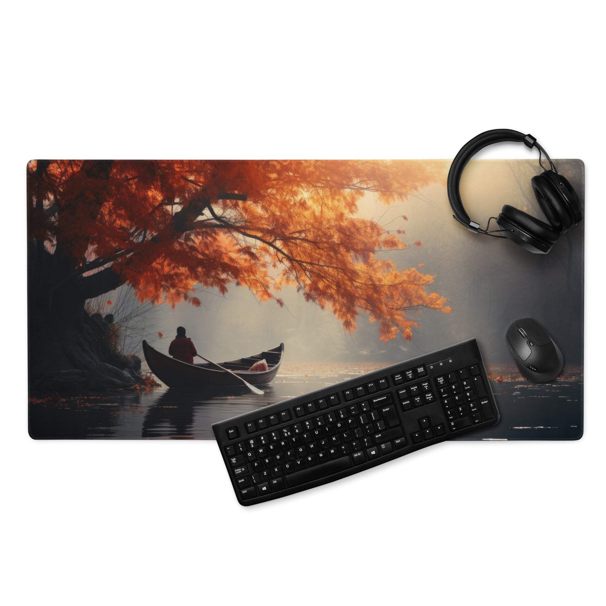 Serene autumn lake boat gaming mousepad with orange leaves, mist, non-slip base