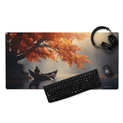 Serene autumn lake boat gaming mousepad with orange leaves, mist, non-slip base