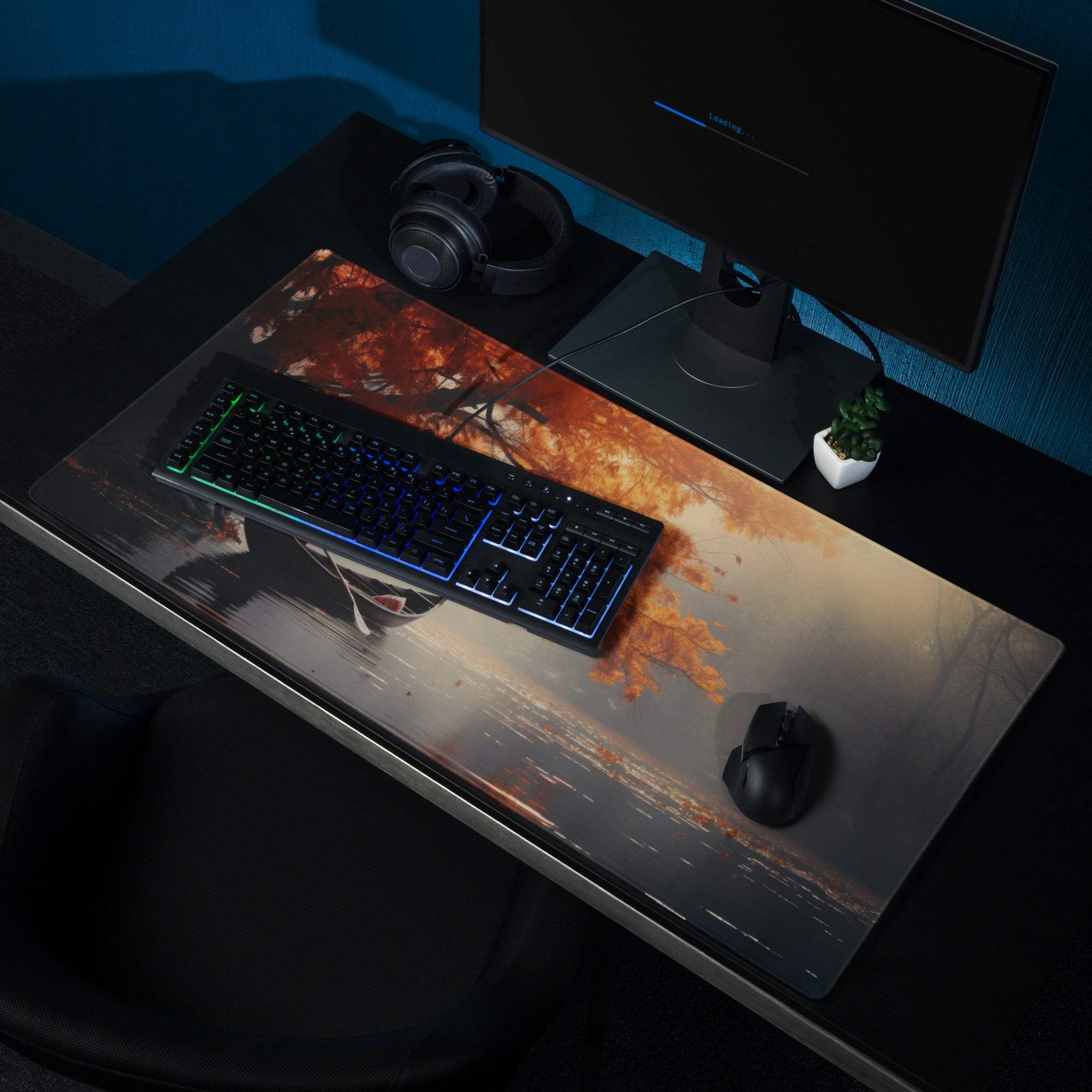 Serene warm autumn lake boat gaming mousepad with fiery leaves reflection