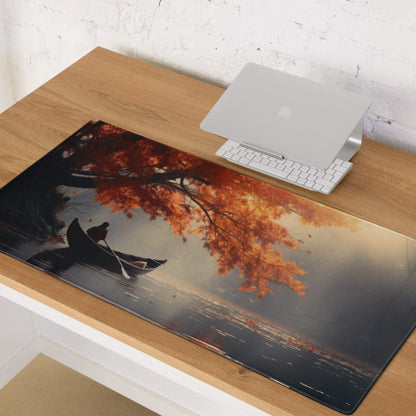Serene warm autumn lake canoe gaming mouse pad with non-slip base