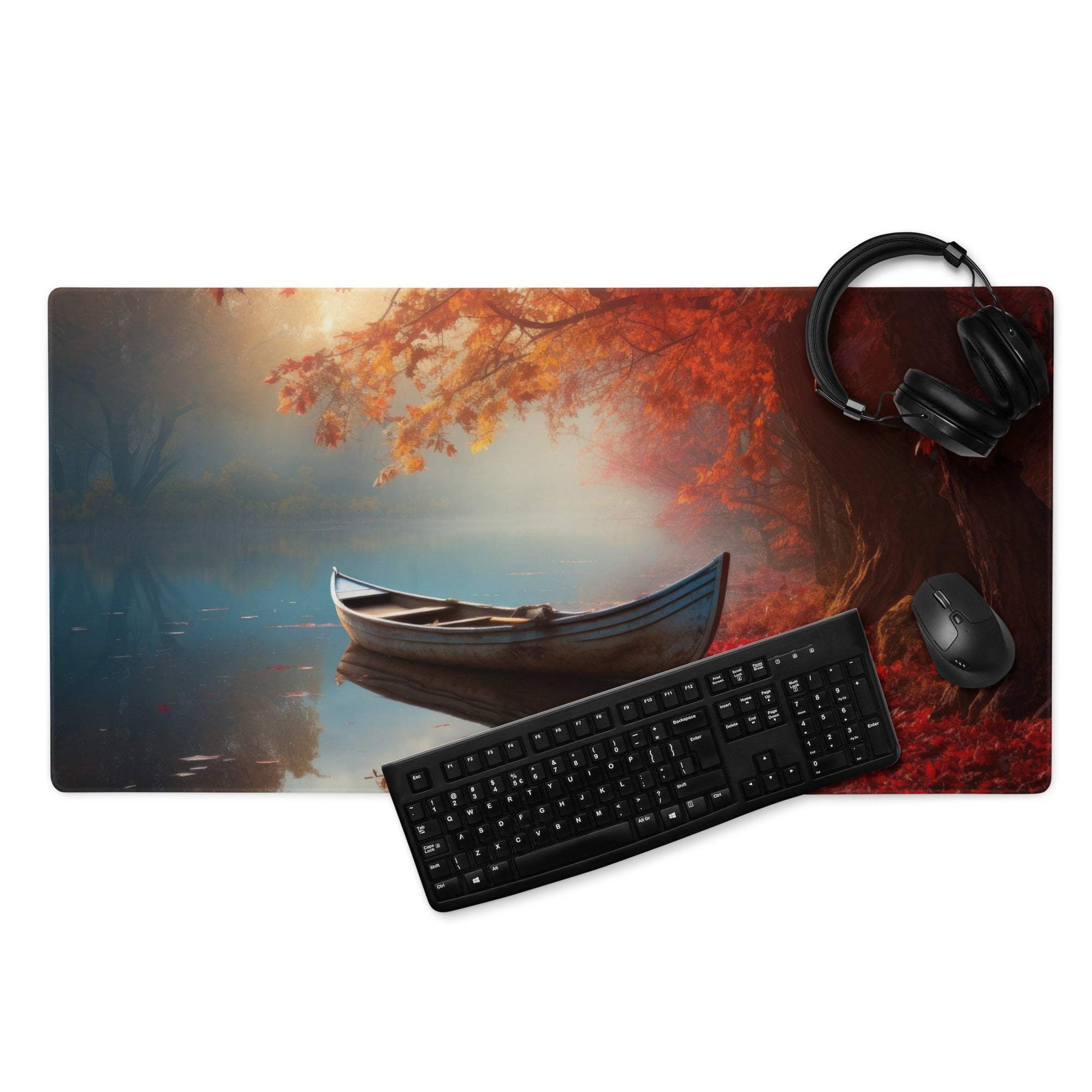 Large autumn lake boat gaming mouse pad with non-slip base and stitched edges