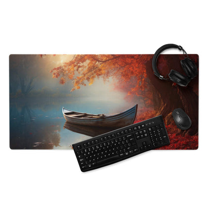 Large autumn lake boat gaming mouse pad with non-slip base and stitched edges