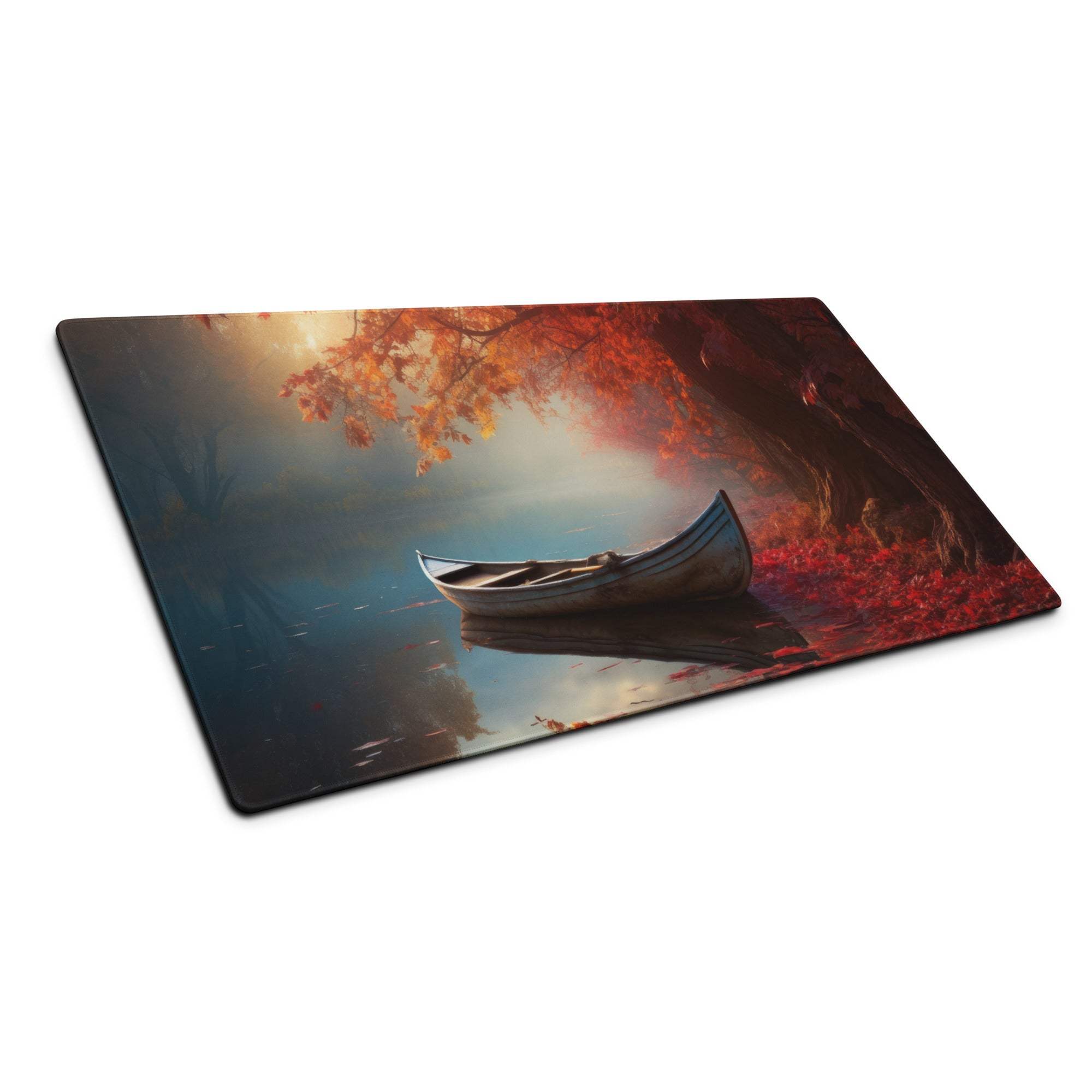 Large autumn lake canoe mouse pad with non-slip base and stitched edges