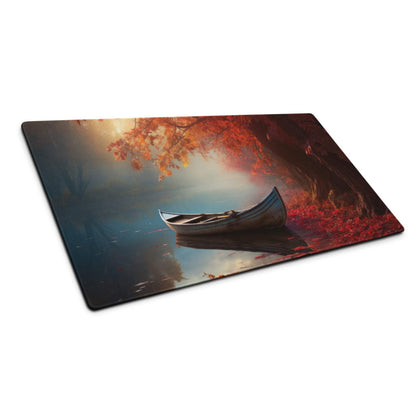 Large autumn lake canoe mouse pad with non-slip base and stitched edges
