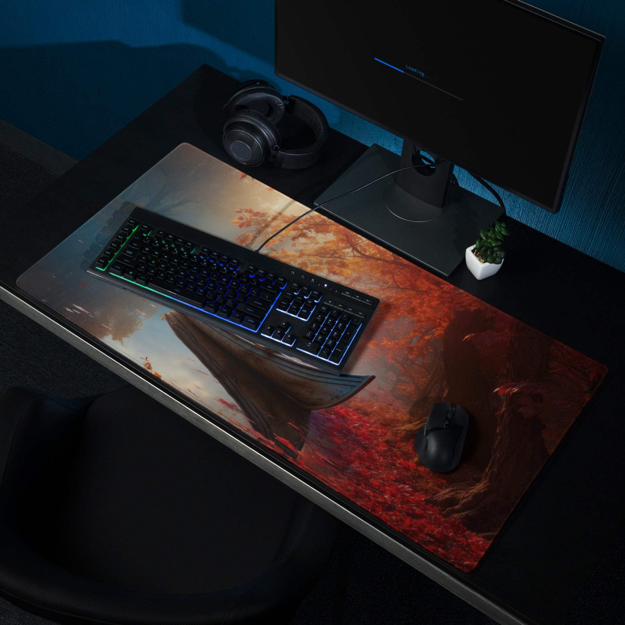 Autumn Lake Boat Scene gaming mouse pad with fiery ship illustration