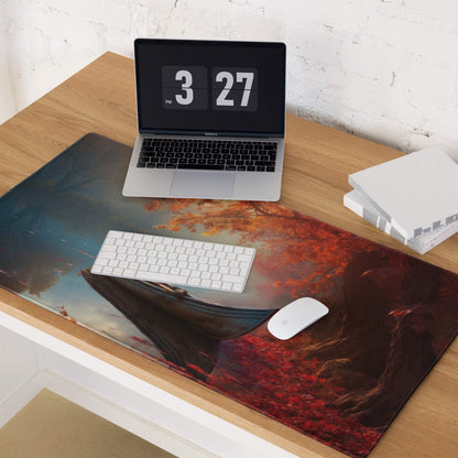 Autumn Lake Boat gaming mouse pad with fiery leaves, large non-slip base