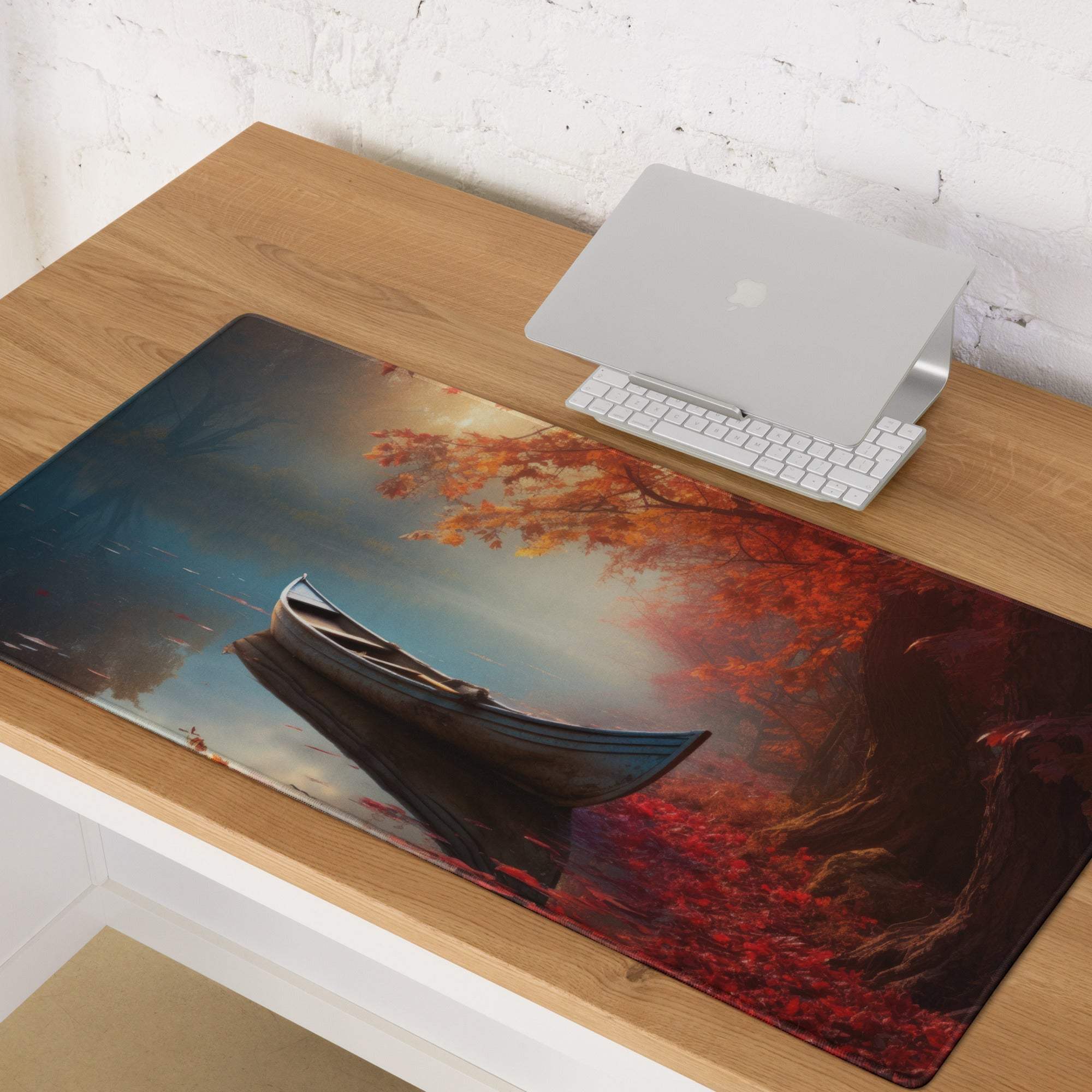 Large autumn lake boat gaming mouse pad with non-slip base and stitched edges