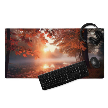 Vibrant autumn sunset forest gaming mouse pad with warm tones and non-slip backing