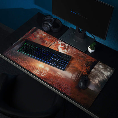 Vibrant autumn sunset forest gaming mouse pad with warm orange red leaves
