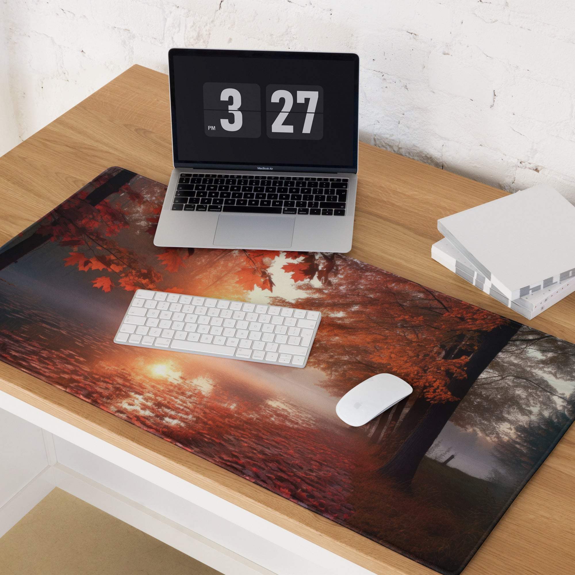 Vibrant autumn sunset forest mouse pad with red orange leaves non-slip backing