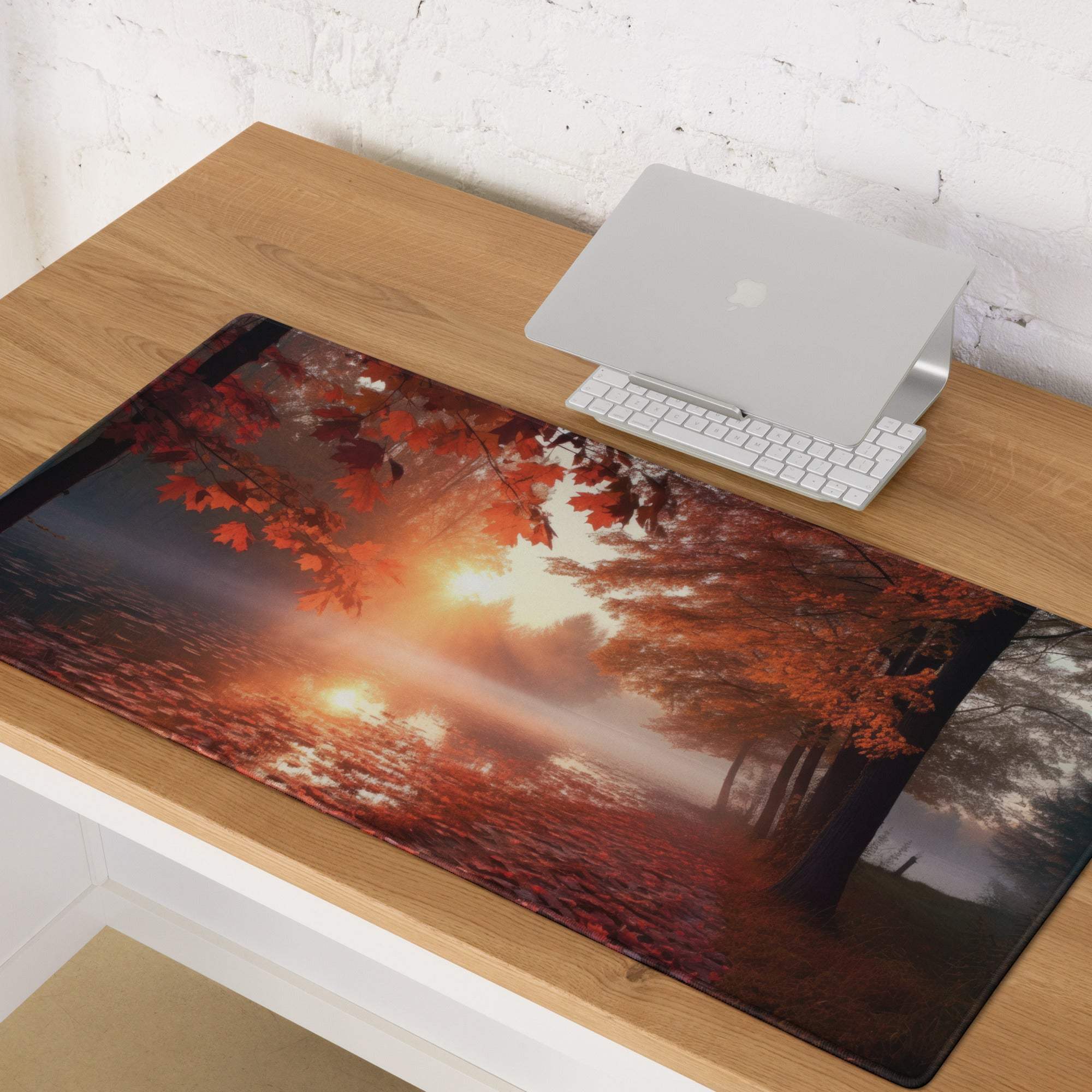 Vibrant autumn sunset forest mouse pad with warm glowing leaves and non-slip backing