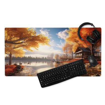 Black keyboard and mouse on Autumn Lakeside gaming mouse pad with golden trees lake cabin