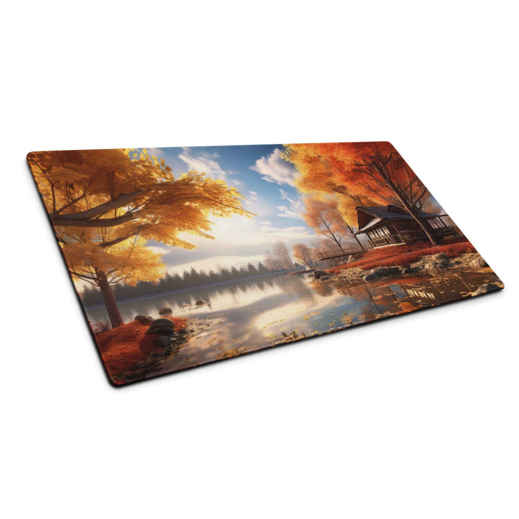 Autumn lakeside placemat with golden trees, lake, cabin on non-slip mouse pad