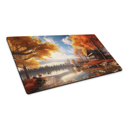 Autumn lakeside placemat with golden trees, lake, cabin on non-slip mouse pad