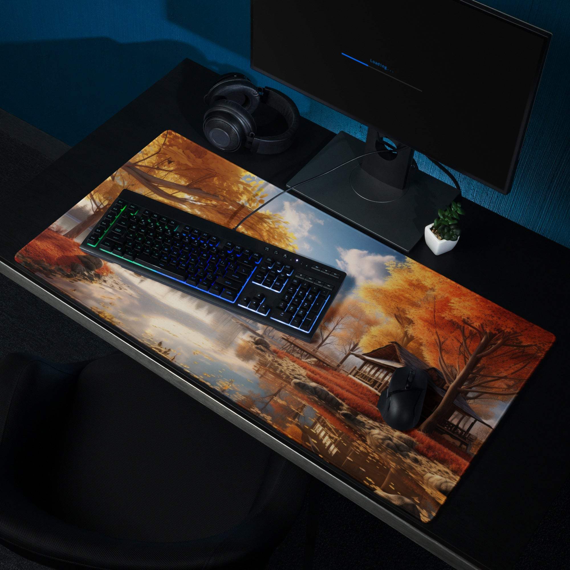 Autumn lakeside gaming mousepad with Japanese architecture, orange gold design