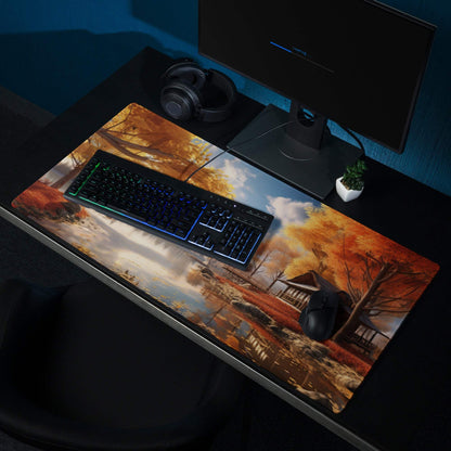 Autumn lakeside gaming mousepad with Japanese architecture, orange gold design