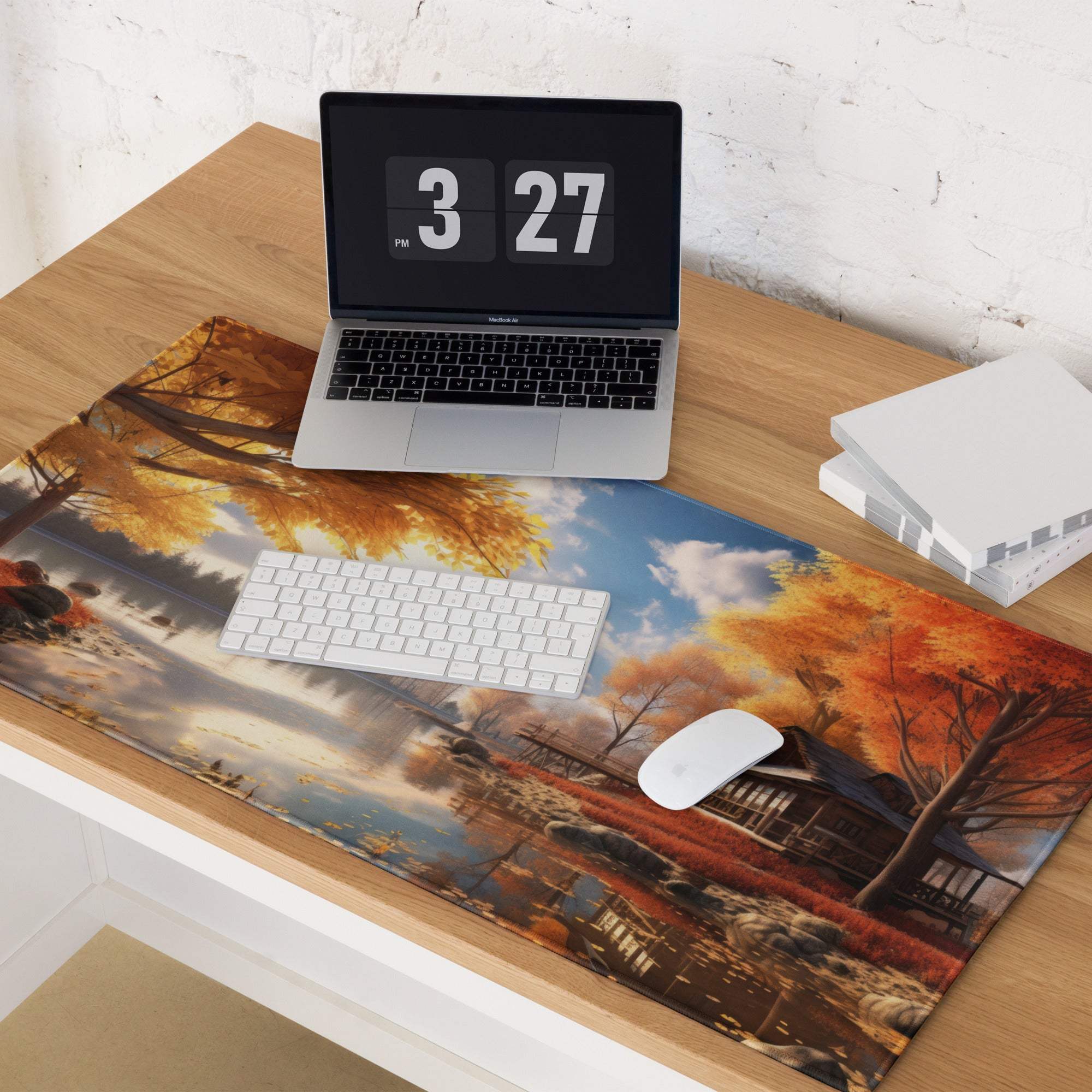 Autumn lakeside landscape gaming mouse pad with golden trees and cozy house