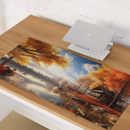 Autumn lakeside landscape gaming mousepad with warm cozy trees and house reflection