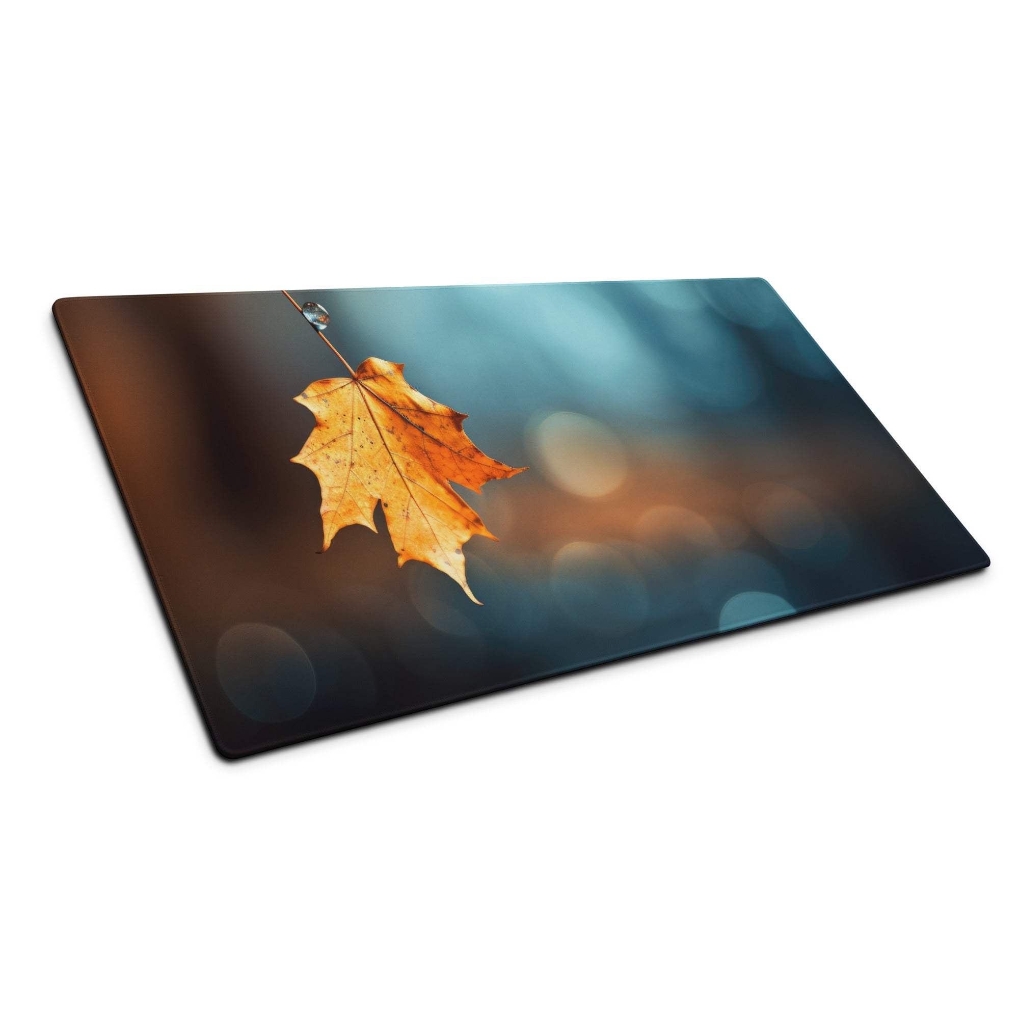 Orange maple leaf glass cutting board with water droplet on blurred bokeh background