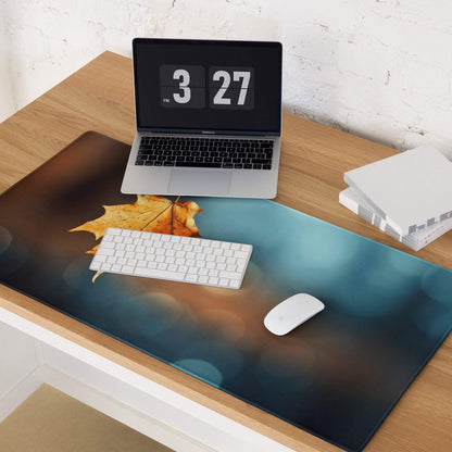 Autumn leaf gaming mouse pad with teal-to-blue gradient and non-slip base