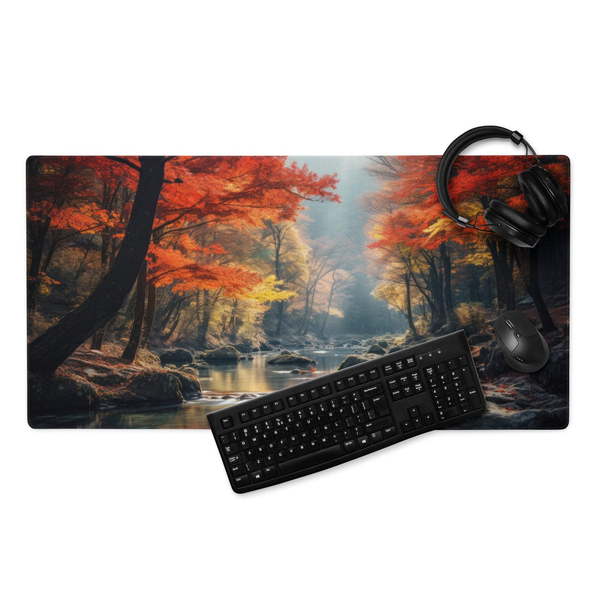Black keyboard on Immersive Autumn Forest gaming mouse pad