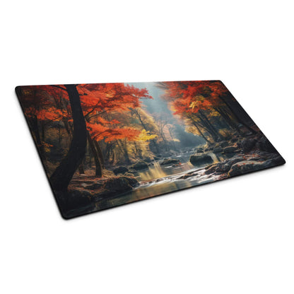 Large immersive autumn forest gaming mouse pad with red maple trees and stream