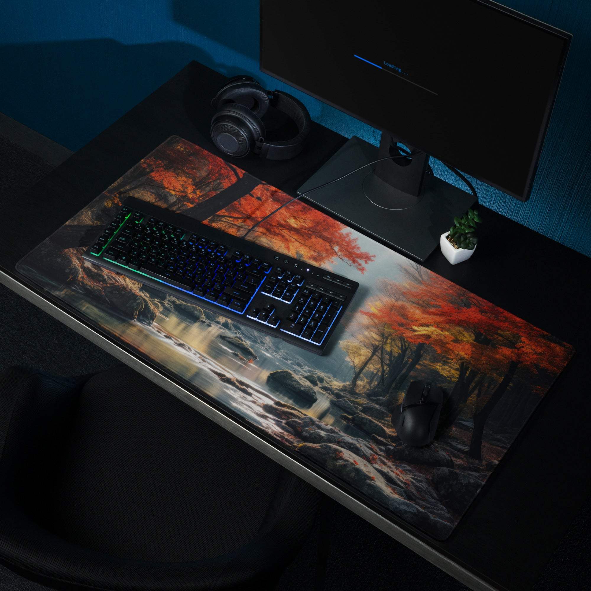 Immersive Autumn Forest gaming mouse pad with fiery red maple leaves
