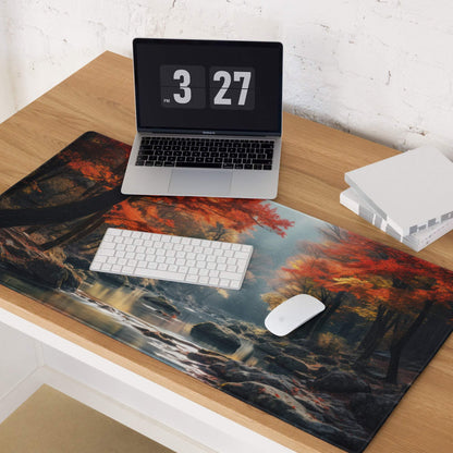 Immersive autumn forest mouse pad with red orange leaves over stream