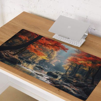 Immersive autumn forest mouse pad with vibrant reds, golds, non-slip base