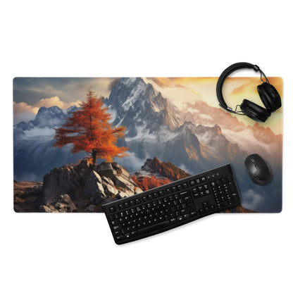 Epic Mountain Landscape large gaming mouse pad with snow peaks and orange tree