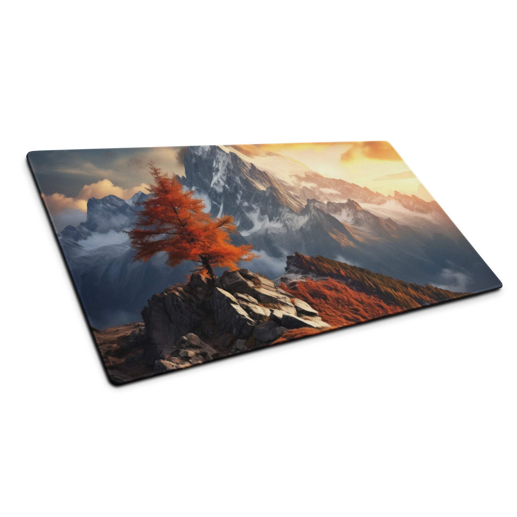 Epic Mountain Landscape large gaming mouse pad with orange tree sunset