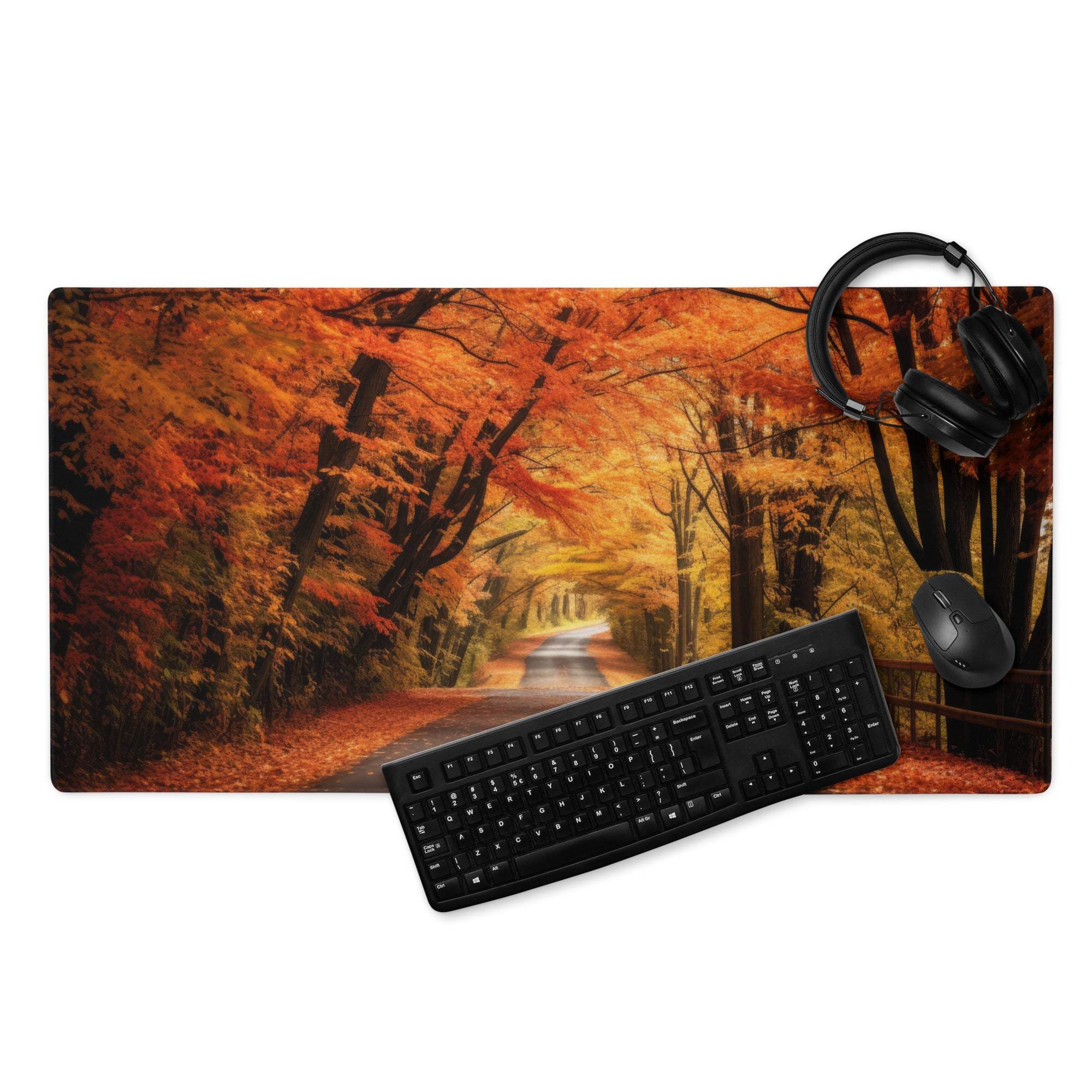 Large autumn forest mouse pad with non-slip base, edge stitching, orange leaves path