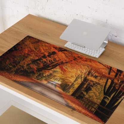 Autumn forest large gaming mouse pad with non-slip base and orange leaves